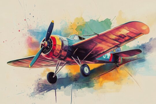 Abstract colorful illustration of retro airplane. Ai generative art