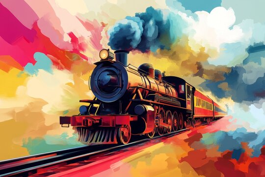 Abstract colorful illustration of retro train. Ai generative art