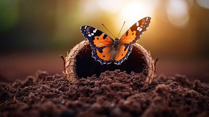 Obraz premium A vibrant butterfly perched on a woven nest, showcasing its striking orange and black wings in a soft, glowing environment.