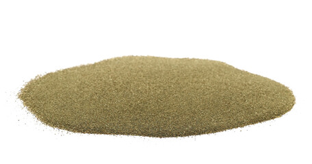 Organic dried broccoli powder pile isolated on white, side view