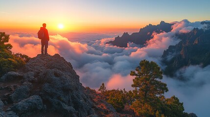 Obraz premium Adventurer Silhouetted Against Sunset Over Clouds and Mountains