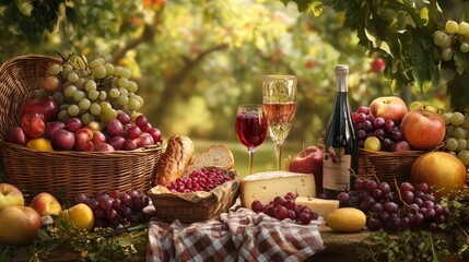 A table set for a rustic picnic with fresh fruits, bread, and cheese.