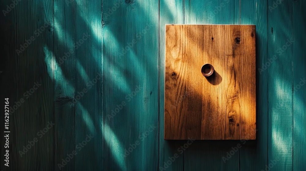 Poster Elegant Wooden Board on a Vibrant Teal Background With Soft Shadows Illuminating Its Surface
