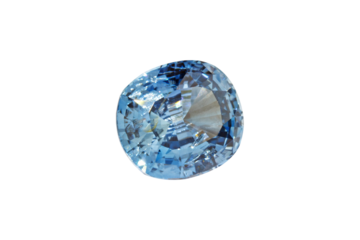 Sapphire blue faceted oval cut stone mineral macro photography on white isolated background close up.