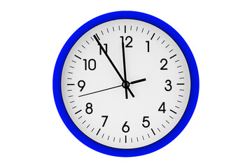 Blue watch, wall clock 11 hours 45 minutes on isolated or white background close up
