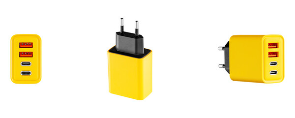 set adapter for charger with USB and Type C connector, yellow, on isolated or white background...