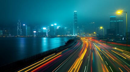 Obraz premium A vibrant cityscape at night with illuminated skyscrapers and light trails from moving vehicles.