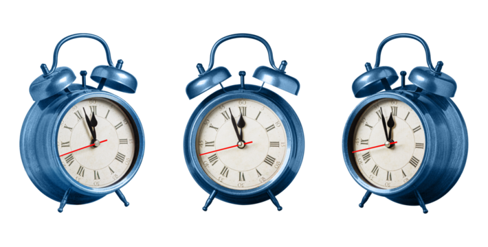 set collection retro clock, watch, pointer clock, Blue color alarm clock on isolated white background close up