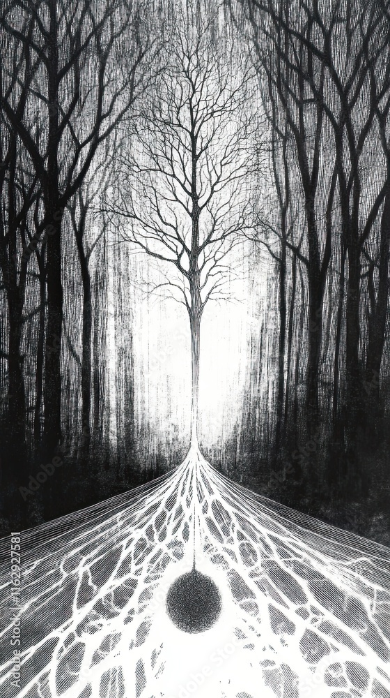 Aufkleber mysterious tree in a dark forest illuminated by ethereal light creating an optical illusion