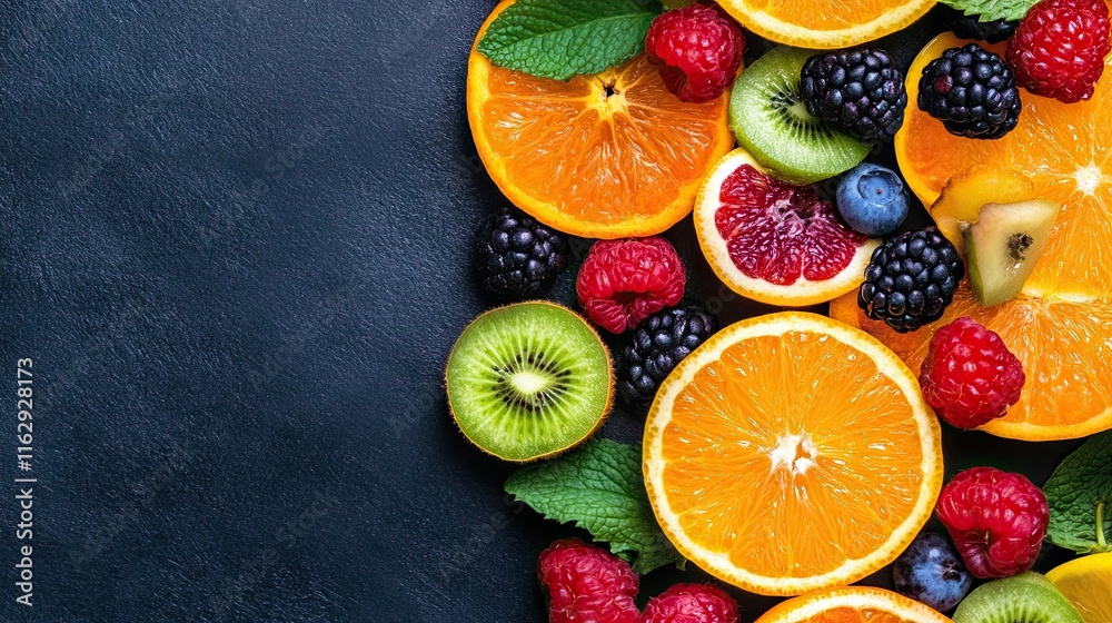 Poster vibrant fruits and vegetables create a delicious colorful display in a modern kitchen setting