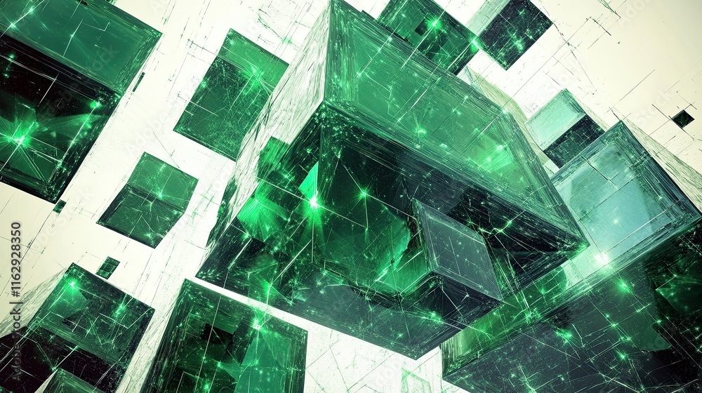 Poster emerging green neon crystals create intricate geometric patterns in a luminous space