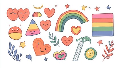 Fototapeta premium A colorful collection of heart and rainbow-themed doodles, celebrating love and inclusivity.