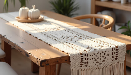 Macrame table runner on wooden dining table with decorative pumpkins