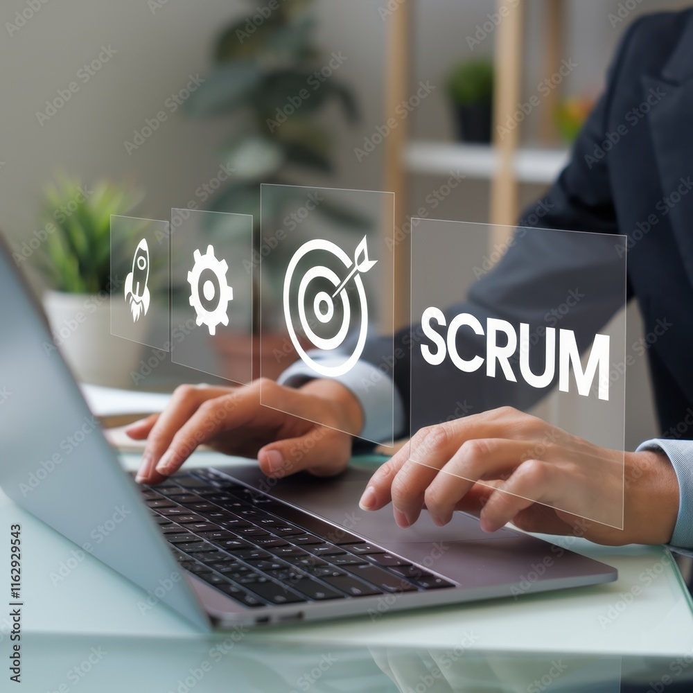 Poster Agile Scrum Methodology: Businessman Using Laptop with Scrum Icons on Virtual Screen