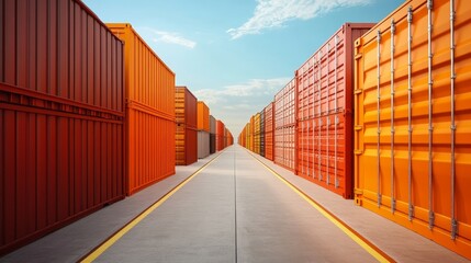 Fototapeta premium A row of colorful shipping container along a clear pathway under a blue sky.