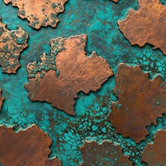 A mesmerizing abstract artwork featuring a textured copper surface with a deep turquoise patina and scattered golden droplets resembling a celestial landscape.