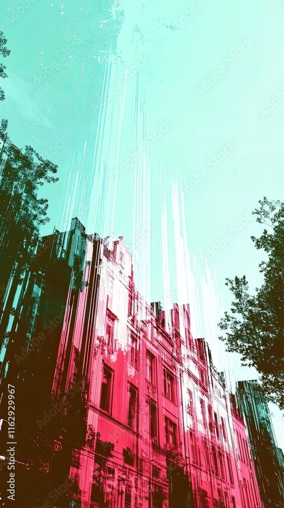Poster sky transformed into a digital dreamscape with vibrant colors over urban architecture