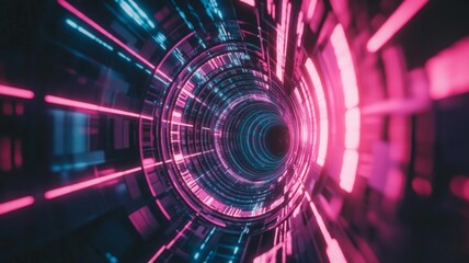 Fototapeta premium Futuristic Tunnel with Neon Lights: An Engaging Visual Journey Through a Cybernetic Realm