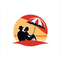 Couple Under Umbrella Retro Beach Silhouette Illustration