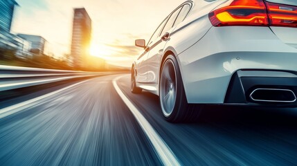Naklejka premium A sleek car driving along a curved road at sunset, showcasing speed and motion.