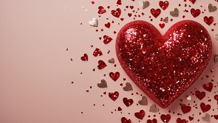 Shimmering Red Heart with Glitter on Pink Background