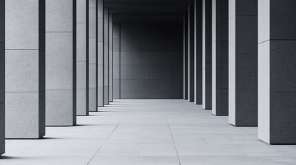 A serene corridor of gray stone columns creating a minimalist architectural space.