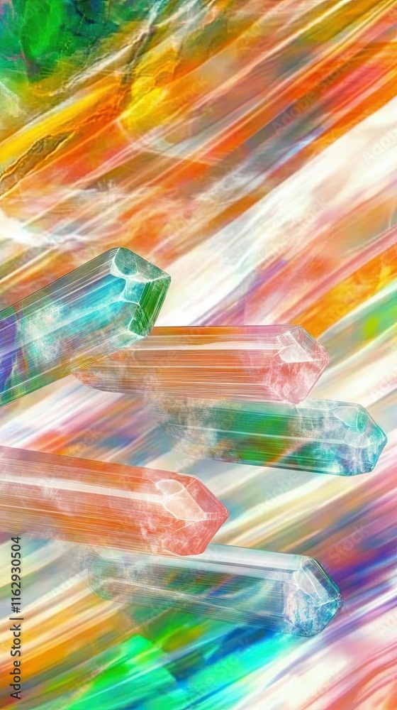 Poster Vibrant and Dynamic Display of Time Crystals Glimmering With Colors in a Swirling Backdrop