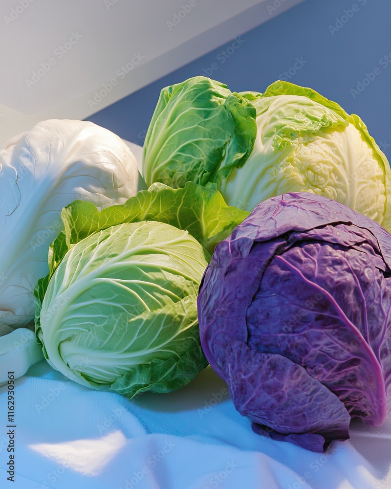 Poster diverse varieties of fresh cabbage beautifully arranged on a pristine white table