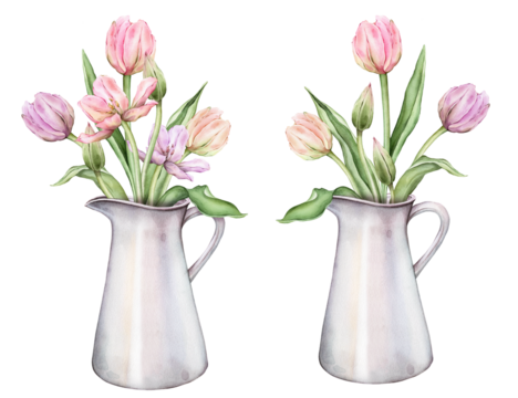 Pastel multi-colored bud bouquet Tulips in metal can watercolor illustration isolated on background. Hand drawn delicate perennial bulbous pink yellow purple flower for spring wedding design or card. - Powered by Adobe
