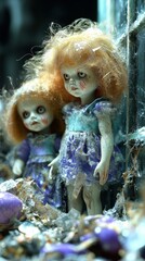 Naklejka premium Dark moody landscapes Creepy dolls in an abandoned house