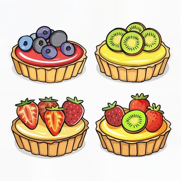 Colorful fruit tarts illustration in minimalistic cartoon style