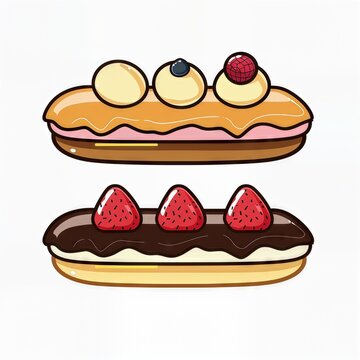 Chocolate and cream eclairs illustration in cartoon style