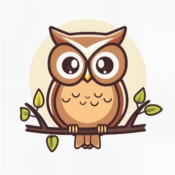 Cartoon owl on a branch illustration with minimalistic style