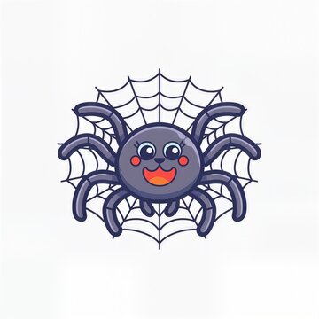 Cartoon spider on a web illustration with kawaii style