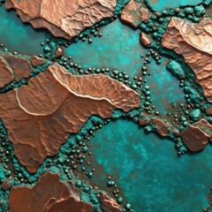 A mesmerizing abstract artwork featuring a textured copper surface with a deep turquoise patina and scattered golden droplets resembling a celestial landscape.