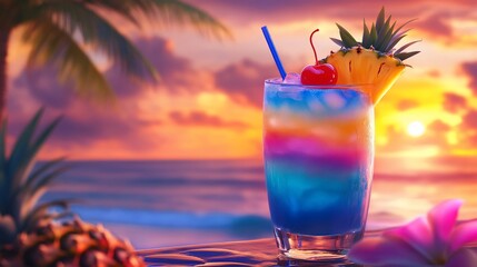 Layered rainbow cocktail on beach at sunset.