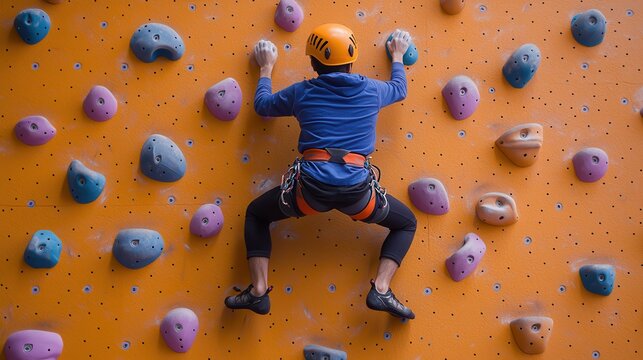 Fitness motivation drives exercise and self-improvement. Climber scaling a colorful indoor climbing wall.
