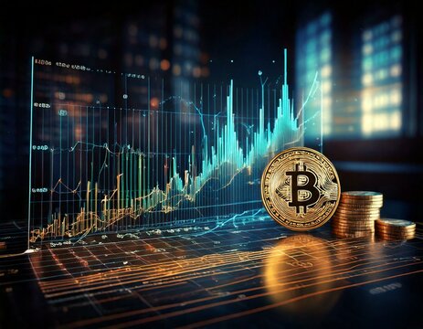 bitcoin with crypto and stock graphs rising in the background finance investment concept