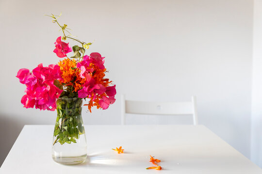 Orange campis flowers and raspberry bougainvillea form a lively bouquet on a white table, mirrored elegantly. Space left for text.