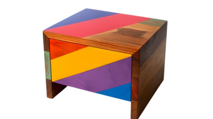 Wooden nightstand featuring a drawer decorated with a painted rainbow design. Playful and colorful accent to any room  isolated on white background