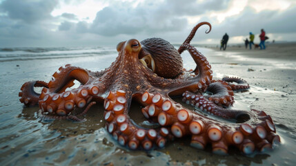 stranded huge heavy octopus Sea beach,.     