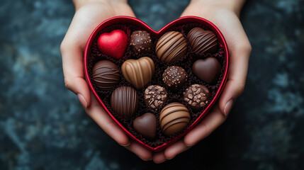 Woman holding heart shaped box with delicious chocolate candies