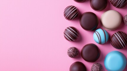 Obraz premium A pink background with a variety of chocolate covered pastries
