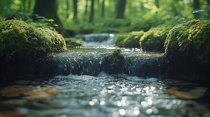 Fototapeta premium Serene Forest Stream Flowing Over Mossy Rocks