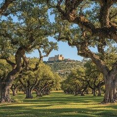 Majestic Oak Tree Pathway Leading to Historic Castle on Hill Under Clear Blue Sky in Countryside Landscape - Perfect for Travel and Nature Photography