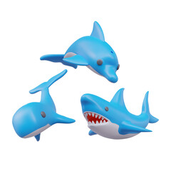 3D blue dolphin, whale and shark in cartoon style. Fish and aquatic animals