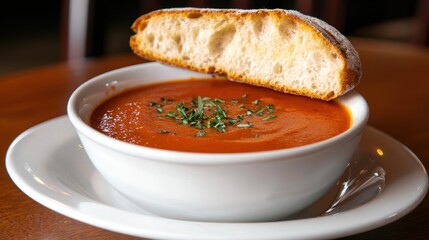 A bowl of soup with a piece of bread on top