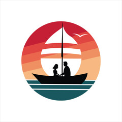  Sunset Sailing Couple Silhouette Vintage Art Design