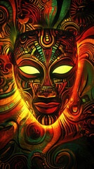 Mystical African Mask Surrounded by Red and Green: Black History Month