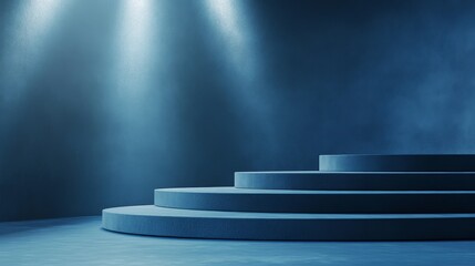 Obraz premium A minimalist stage, podium with circular steps illuminated by soft blue lighting.